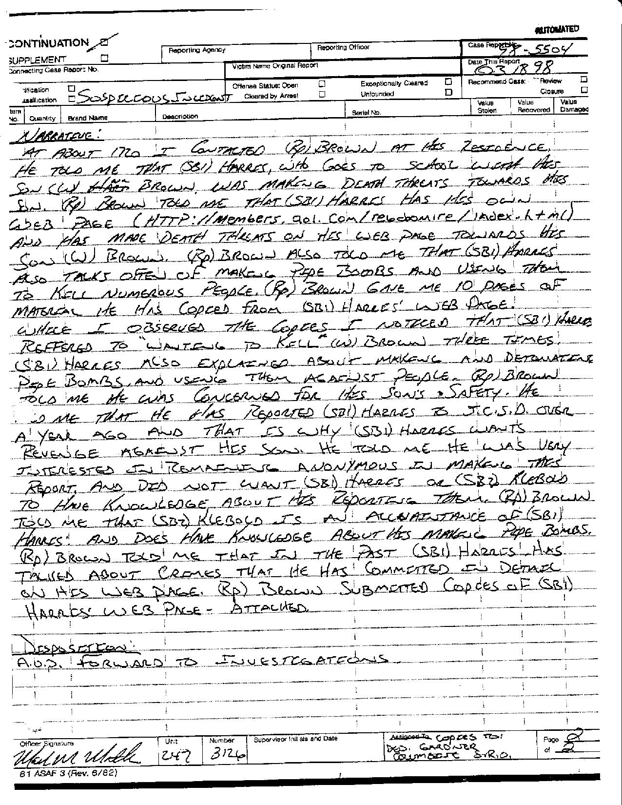 Eric Harris Mentioned in Police Blotter - Research Columbine - Easy ...